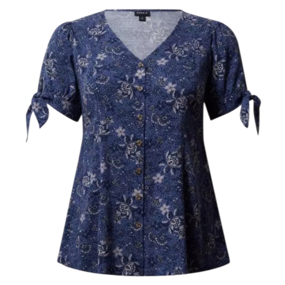 Torrid Fit & Flare Rayon Slub Button-Up Blue Floral Top Size 2
